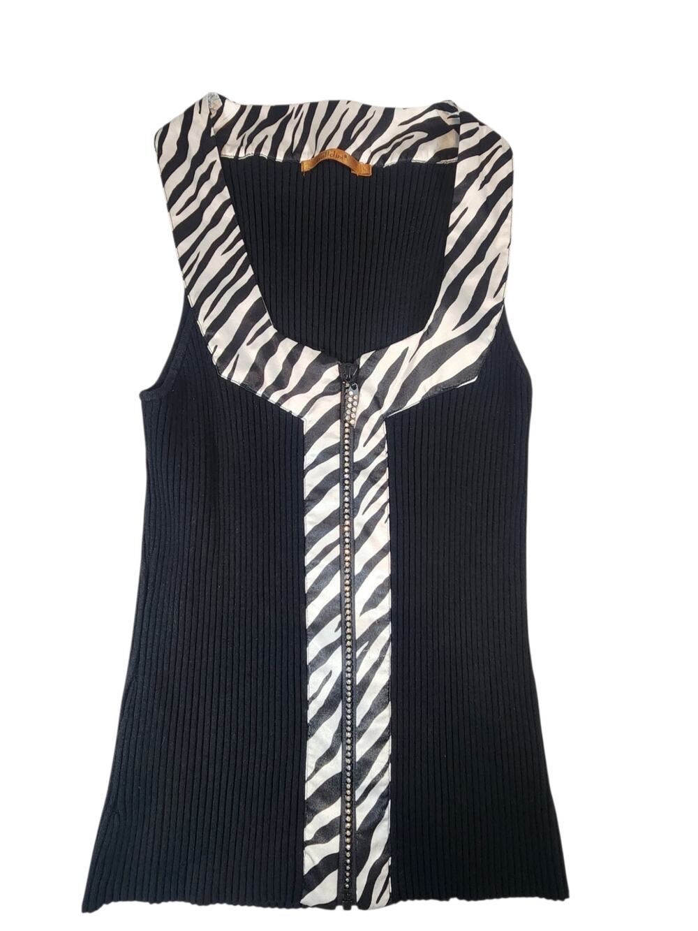 Belldini Black Ribbed Knit Zip Front Sleeveless Top Zebra Trim Size Large